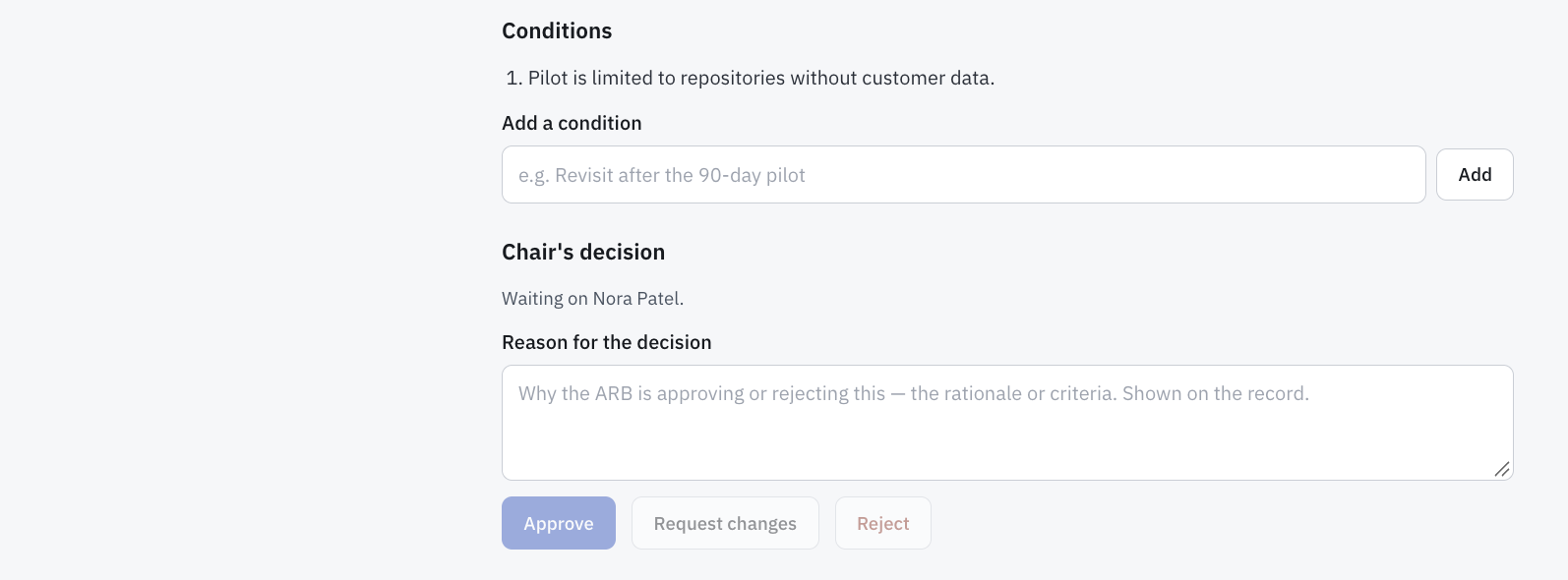 The conditions list with a field to add a condition, and the chair's decision with a written reason and Approve, Request changes, and Reject actions.