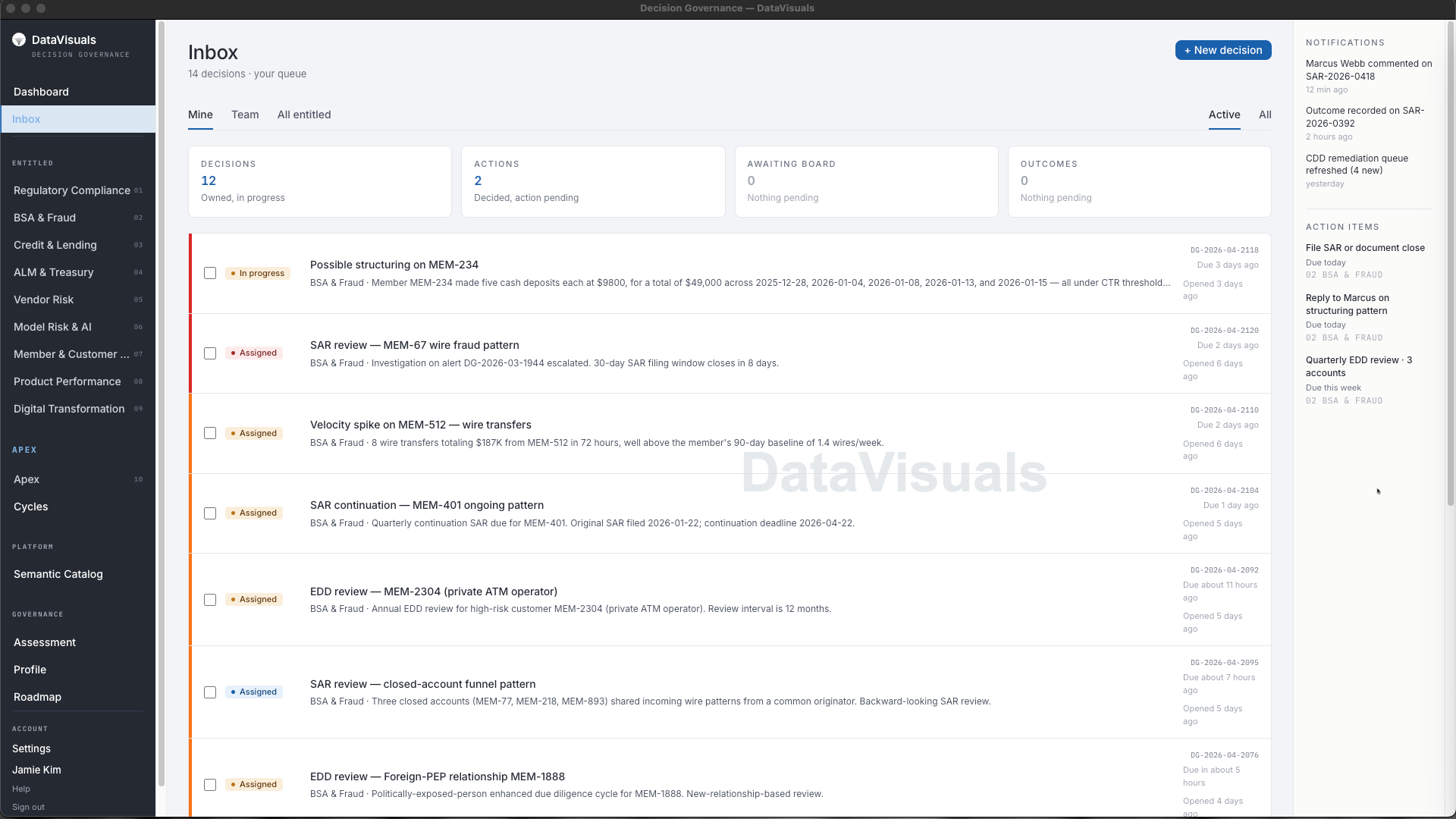 The Inbox — a governed queue of decisions with owner, due date, and workflow